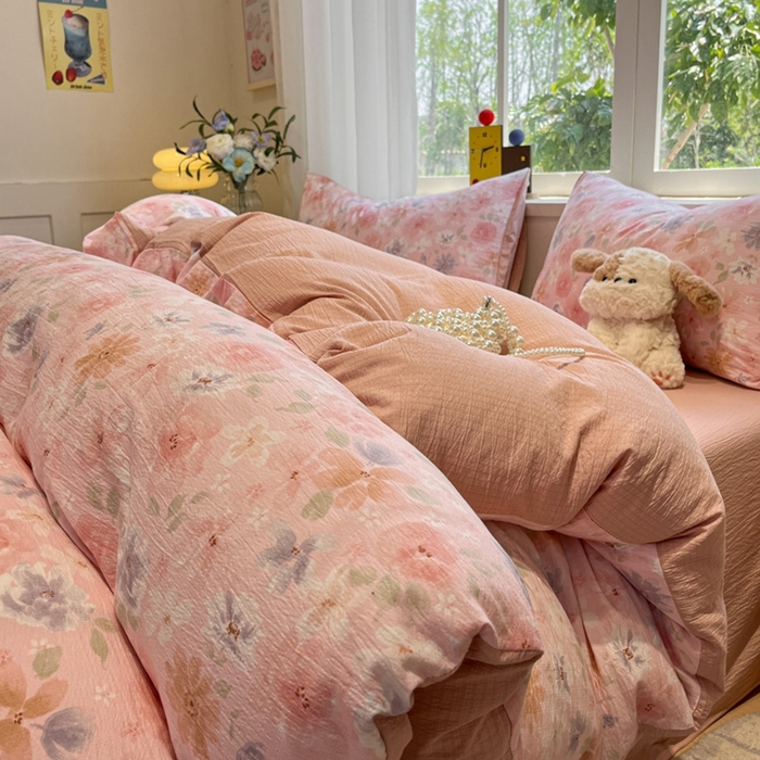 91家纺网 家纺一手货源 找家纺 王朝国际 2026爆款皱皱双层纱四件套桃夭夭