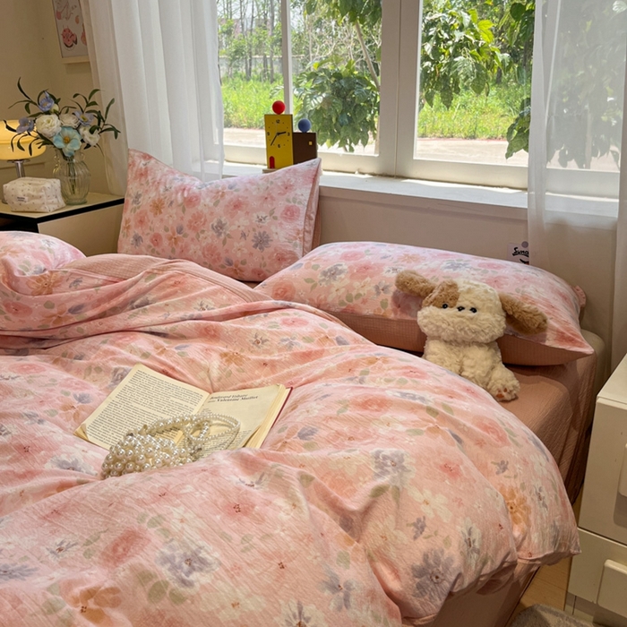 91家纺网 家纺一手货源 找家纺 王朝国际 2026爆款皱皱双层纱四件套桃夭夭