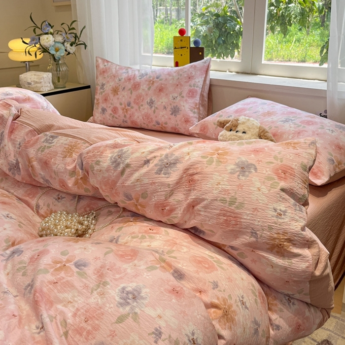 91家纺网 家纺一手货源 找家纺 王朝国际 2026爆款皱皱双层纱四件套桃夭夭