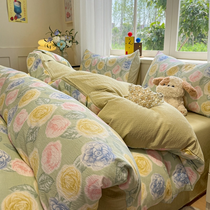 91家纺网 家纺一手货源 找家纺 王朝国际 2026爆款皱皱双层纱四件套小乔玫瑰