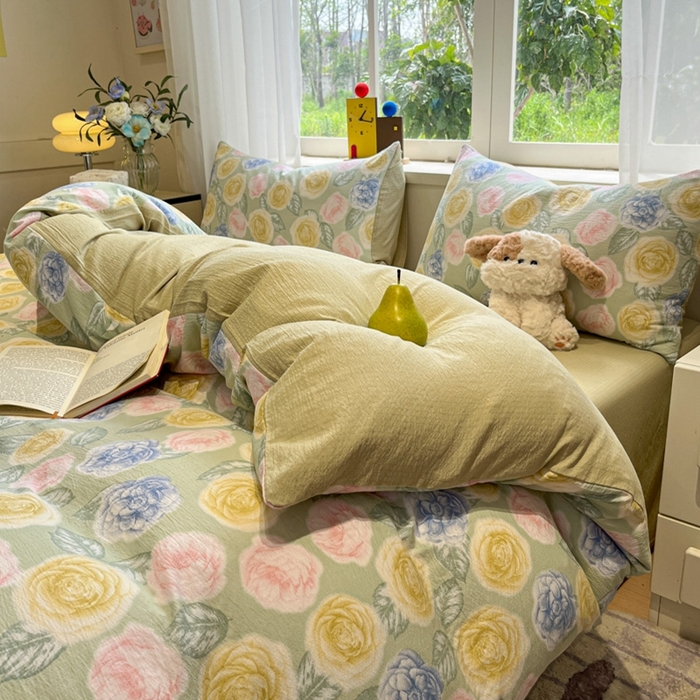 91家纺网 家纺一手货源 找家纺 王朝国际 2026爆款皱皱双层纱四件套小乔玫瑰