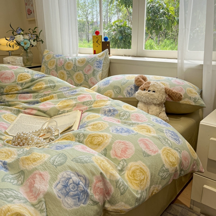 91家纺网 家纺一手货源 找家纺 王朝国际 2026爆款皱皱双层纱四件套小乔玫瑰