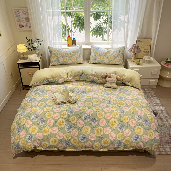 91家纺网 家纺一手货源 找家纺 王朝国际 2026爆款皱皱双层纱四件套小乔玫瑰