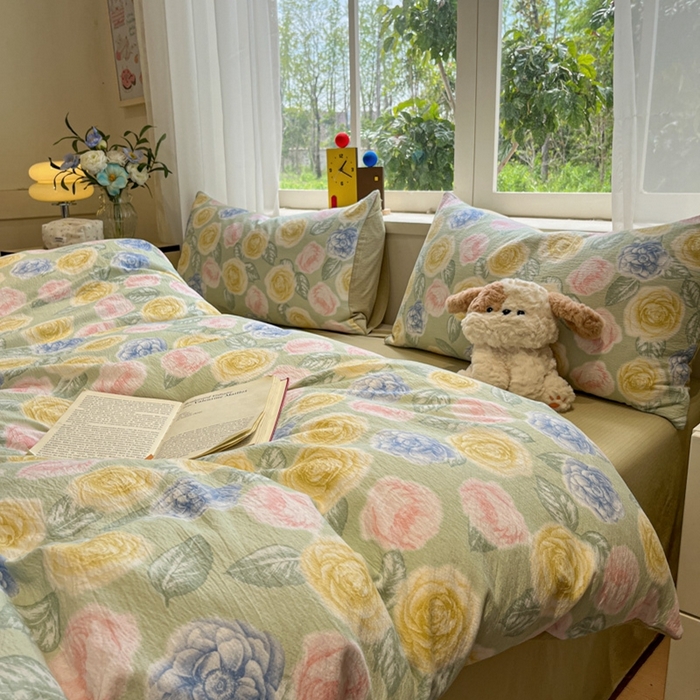 91家纺网 家纺一手货源 找家纺 王朝国际 2026爆款皱皱双层纱四件套小乔玫瑰