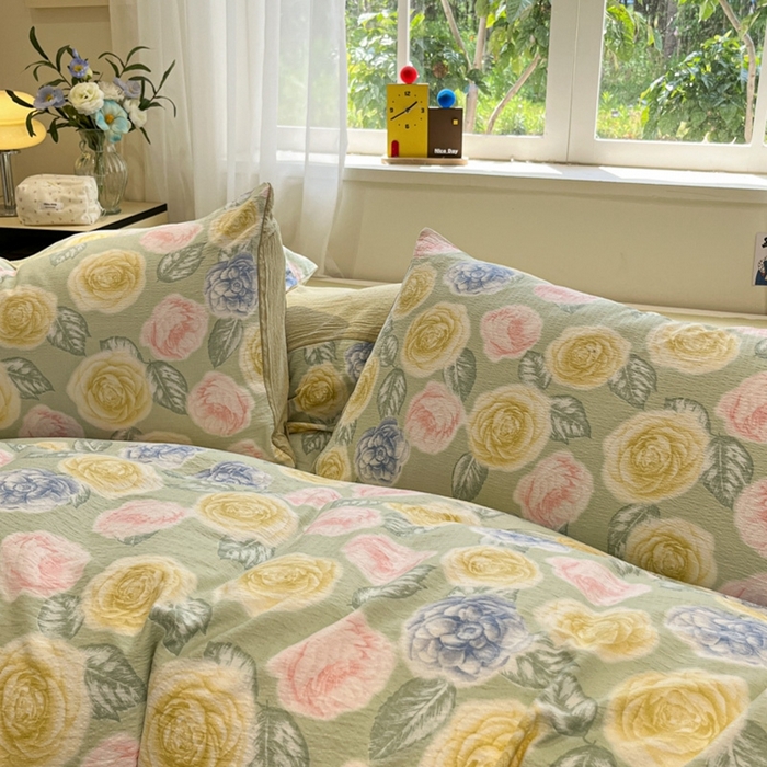 91家纺网 家纺一手货源 找家纺 王朝国际 2026爆款皱皱双层纱四件套小乔玫瑰