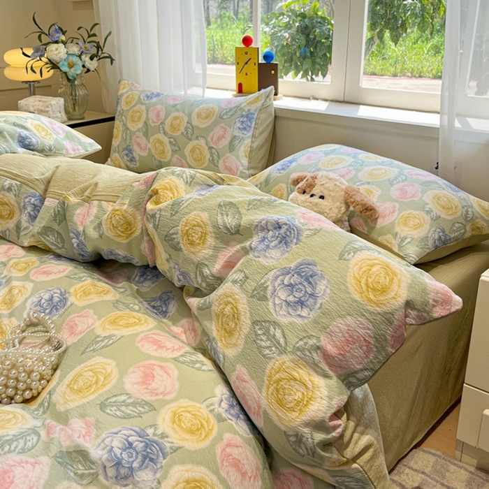 91家纺网 家纺一手货源 找家纺 王朝国际 2026爆款皱皱双层纱四件套小乔玫瑰