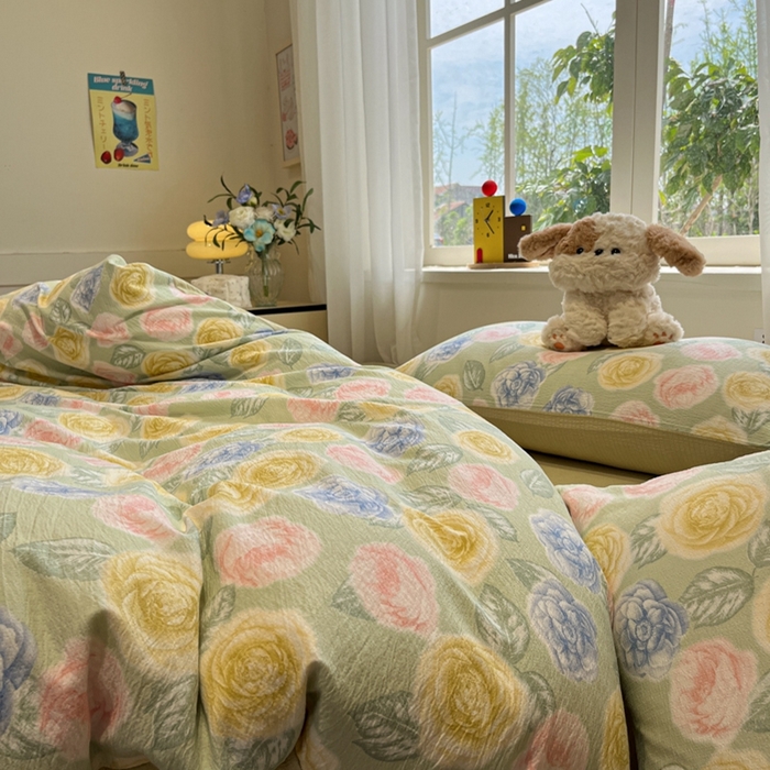 91家纺网 家纺一手货源 找家纺 王朝国际 2026爆款皱皱双层纱四件套小乔玫瑰