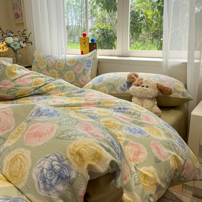 91家纺网 家纺一手货源 找家纺 王朝国际 2026爆款皱皱双层纱四件套小乔玫瑰