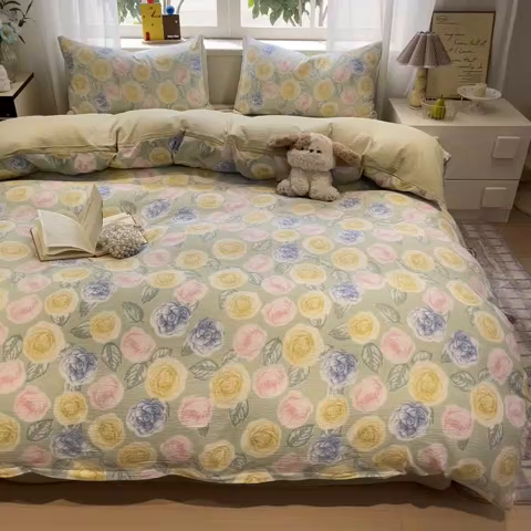 91家纺网 家纺一手货源 找家纺 王朝国际 2026爆款皱皱双层纱四件套小乔玫瑰