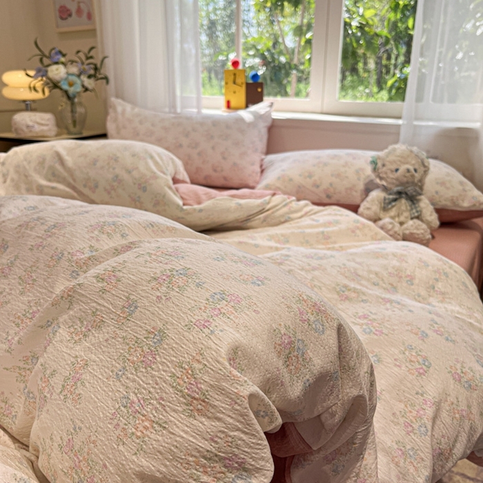 91家纺网 家纺一手货源 找家纺 王朝国际 2026爆款皱皱双层纱四件套玉海棠