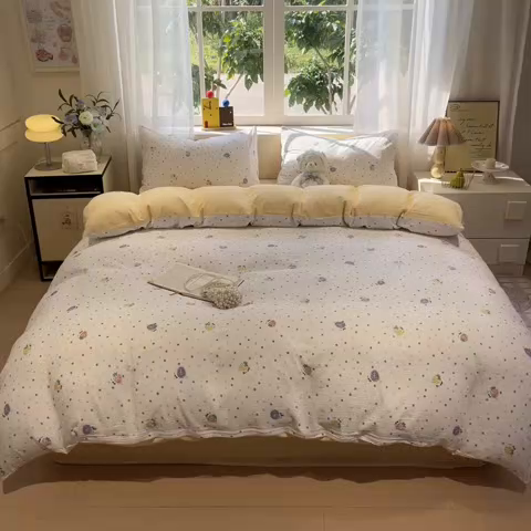 91家纺网 家纺一手货源 找家纺 王朝国际 2026爆款皱皱双层纱四件套芝士莓莓