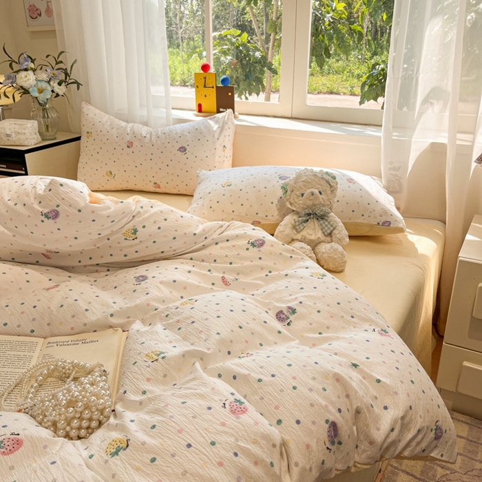 91家纺网 家纺一手货源 找家纺 王朝国际 2026爆款皱皱双层纱四件套芝士莓莓