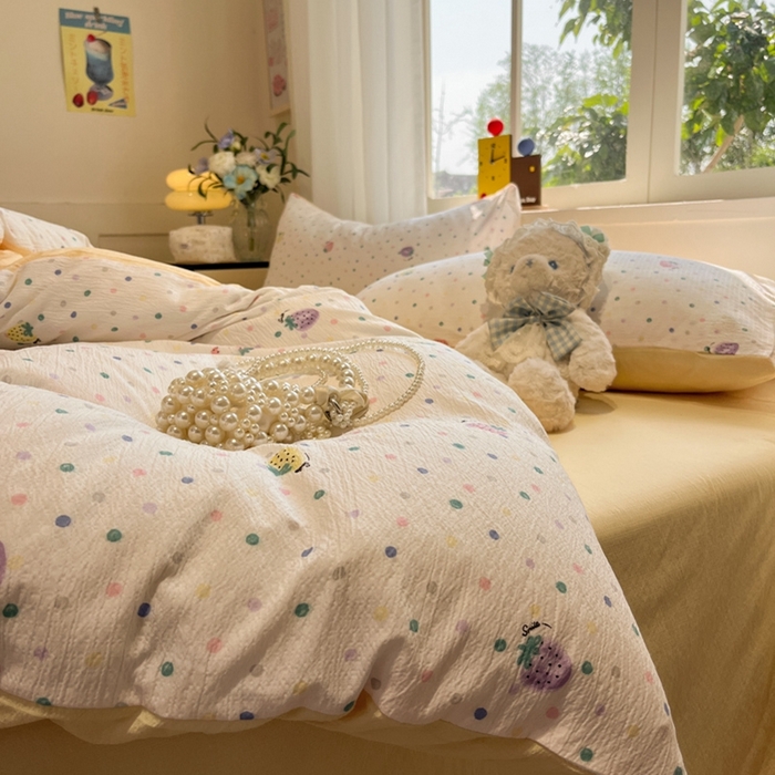 91家纺网 家纺一手货源 找家纺 王朝国际 2026爆款皱皱双层纱四件套芝士莓莓