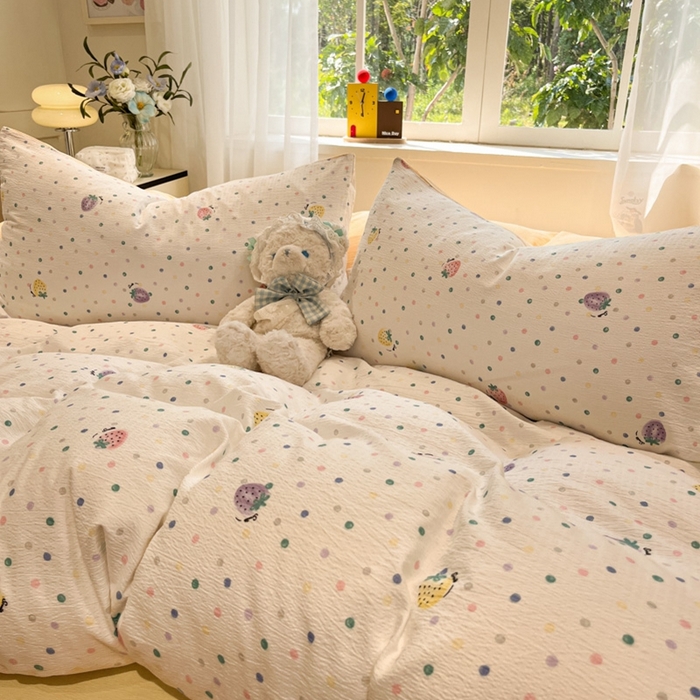 91家纺网 家纺一手货源 找家纺 王朝国际 2026爆款皱皱双层纱四件套芝士莓莓