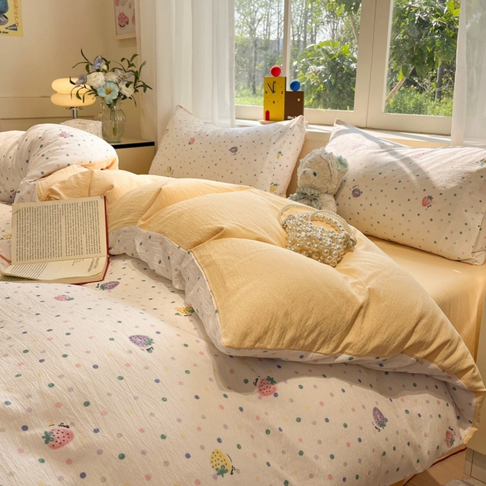 91家纺网 家纺一手货源 找家纺 王朝国际 2026爆款皱皱双层纱四件套芝士莓莓