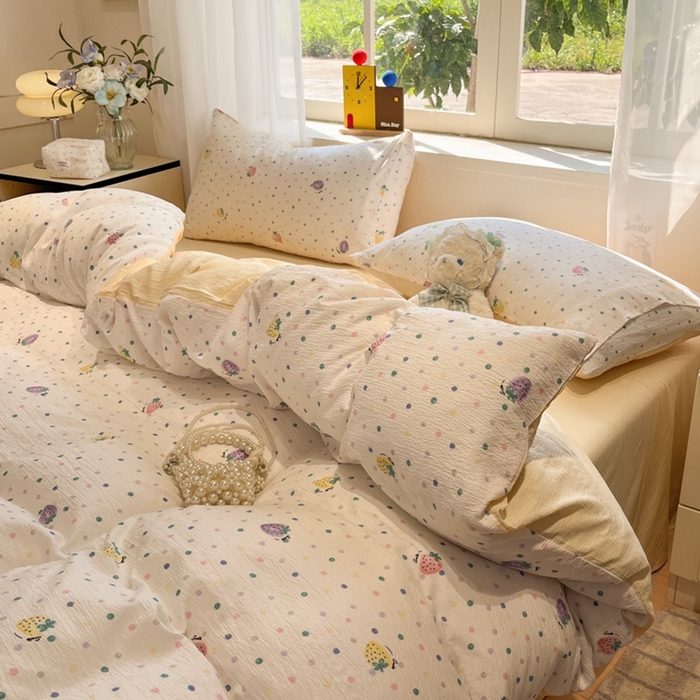 91家纺网 家纺一手货源 找家纺 王朝国际 2026爆款皱皱双层纱四件套芝士莓莓