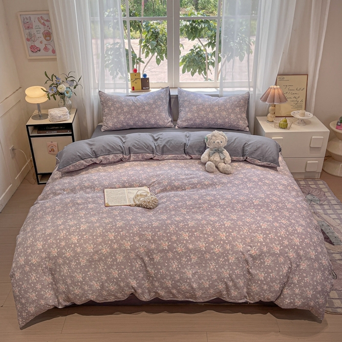 91家纺网 家纺一手货源 找家纺 王朝国际 2026爆款皱皱双层纱四件套紫蔷薇