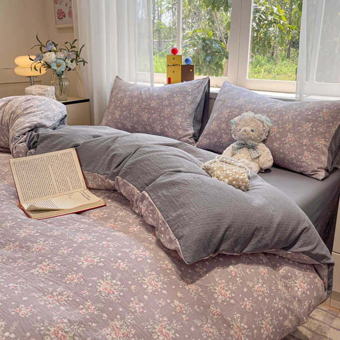 91家纺网 家纺一手货源 找家纺 王朝国际 2026爆款皱皱双层纱四件套紫蔷薇