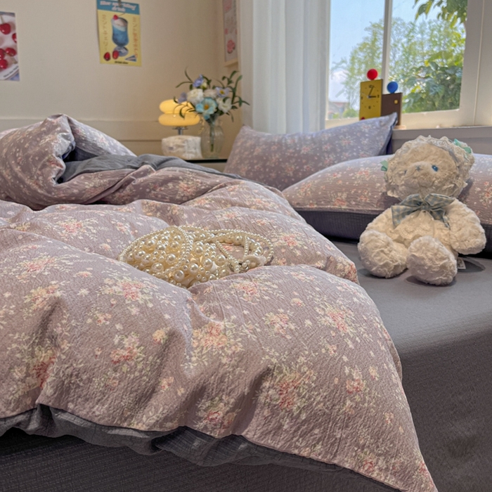 91家纺网 家纺一手货源 找家纺 王朝国际 2026爆款皱皱双层纱四件套紫蔷薇