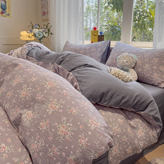 91家纺网 家纺一手货源 找家纺 王朝国际 2026爆款皱皱双层纱四件套紫蔷薇