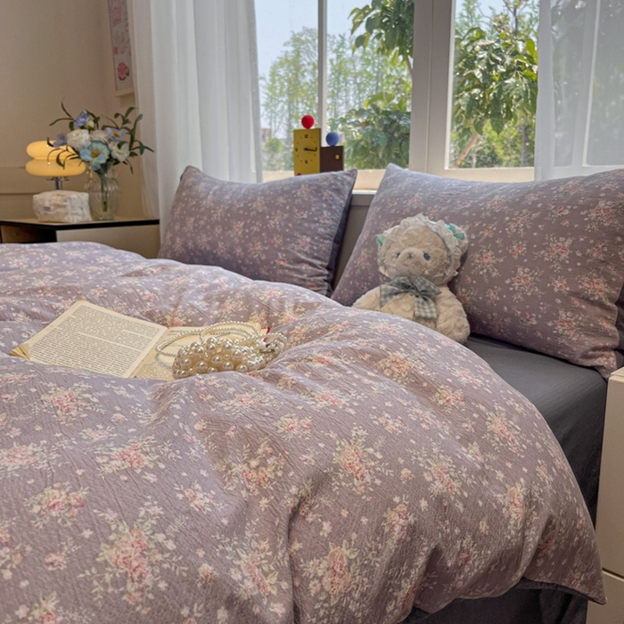 91家纺网 家纺一手货源 找家纺 王朝国际 2026爆款皱皱双层纱四件套紫蔷薇