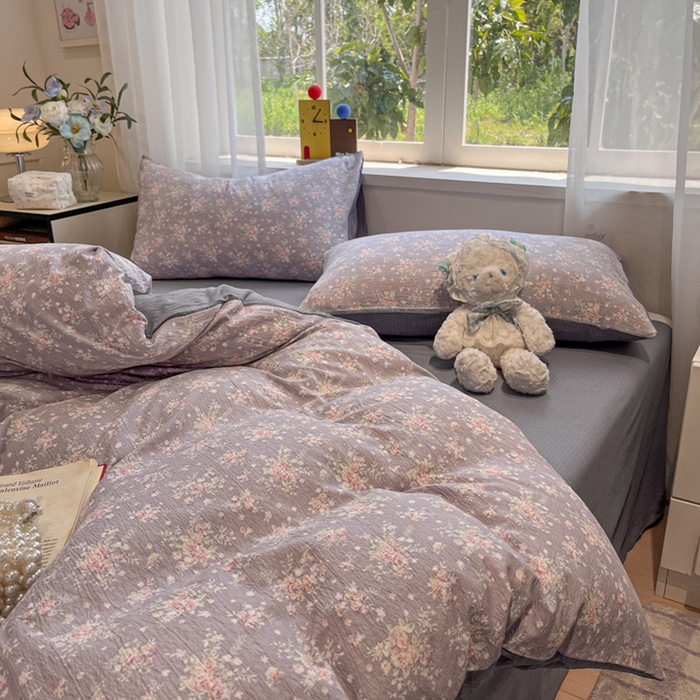 91家纺网 家纺一手货源 找家纺 王朝国际 2026爆款皱皱双层纱四件套紫蔷薇