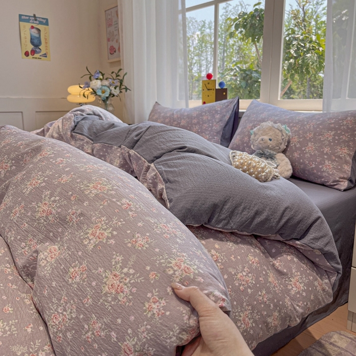 王朝国际 2026爆款皱皱双层纱四件套紫蔷薇