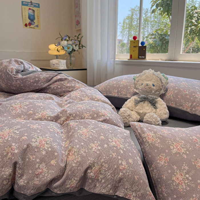 91家纺网 家纺一手货源 找家纺 王朝国际 2026爆款皱皱双层纱四件套紫蔷薇