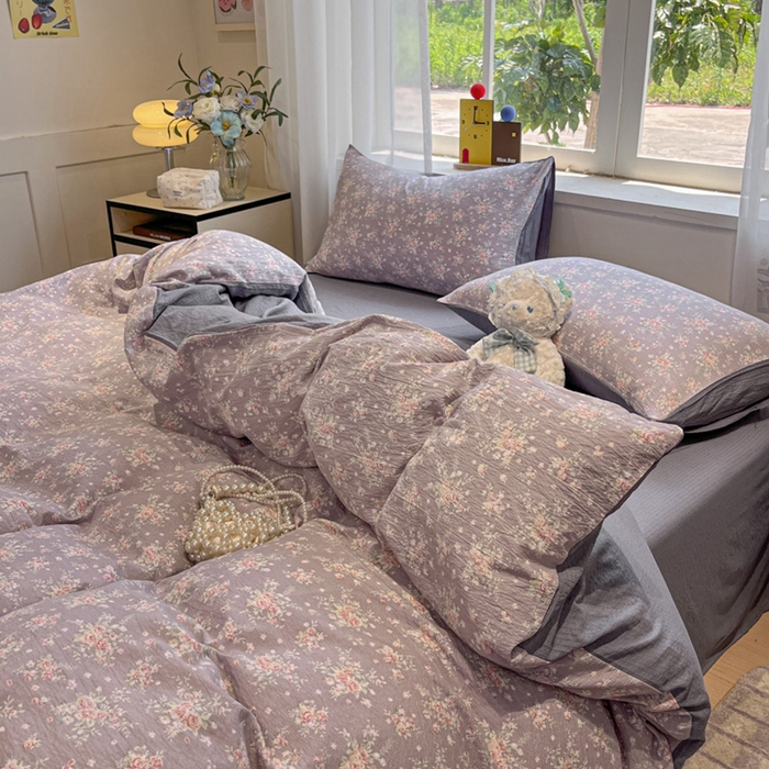 91家纺网 家纺一手货源 找家纺 王朝国际 2026爆款皱皱双层纱四件套紫蔷薇