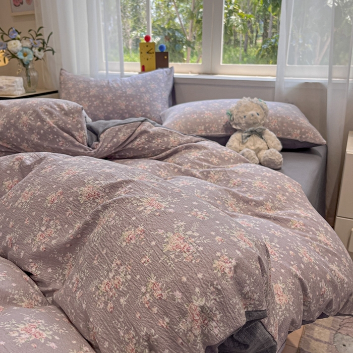 91家纺网 家纺一手货源 找家纺 王朝国际 2026爆款皱皱双层纱四件套紫蔷薇