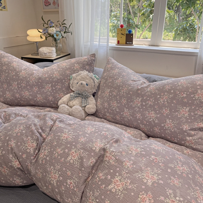 91家纺网 家纺一手货源 找家纺 王朝国际 2026爆款皱皱双层纱四件套紫蔷薇