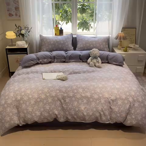 91家纺网 家纺一手货源 找家纺 王朝国际 2026爆款皱皱双层纱四件套紫蔷薇