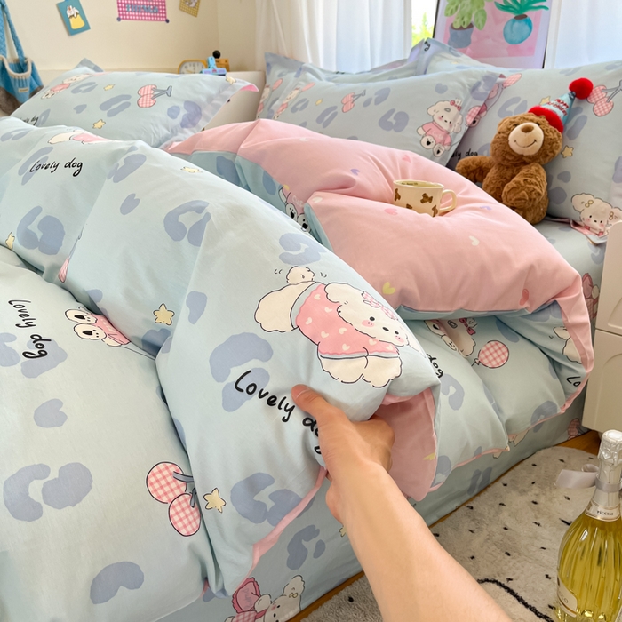 91家纺网 家纺一手货源 找家纺 2025新款全棉印花小清新单品系列-四件套（提供买家秀）比星邦尼狗