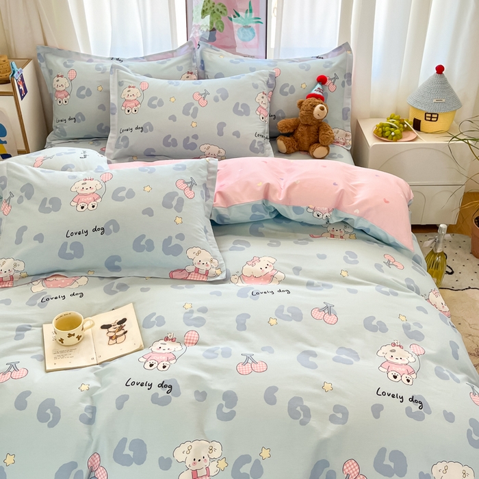 91家纺网 家纺一手货源 找家纺 2025新款全棉印花小清新单品系列-四件套（提供买家秀）比星邦尼狗