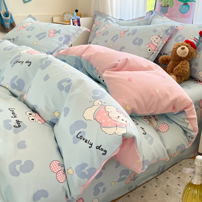 91家纺网 家纺一手货源 找家纺 2025新款全棉印花小清新单品系列-四件套（提供买家秀）比星邦尼狗