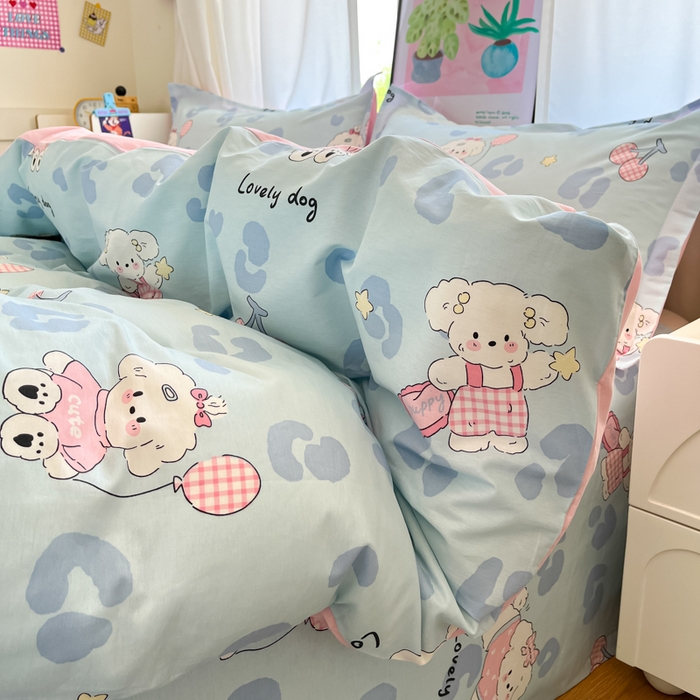 91家纺网 家纺一手货源 找家纺 2025新款全棉印花小清新单品系列-四件套（提供买家秀）比星邦尼狗