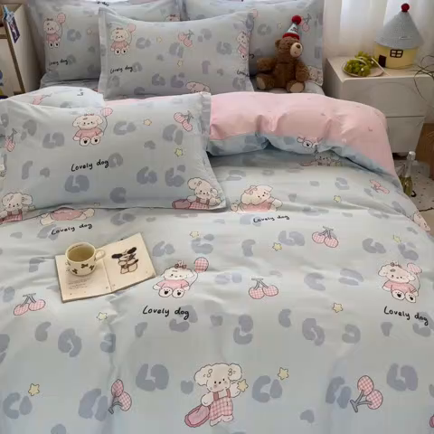 91家纺网 家纺一手货源 找家纺 2025新款全棉印花小清新单品系列-四件套（提供买家秀）比星邦尼狗