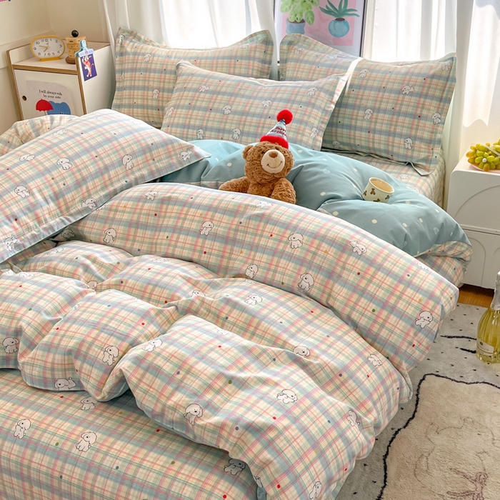 91家纺网 家纺一手货源 找家纺 2025新款全棉印花小清新单品系列-四件套（提供买家秀）彩虹格小狗