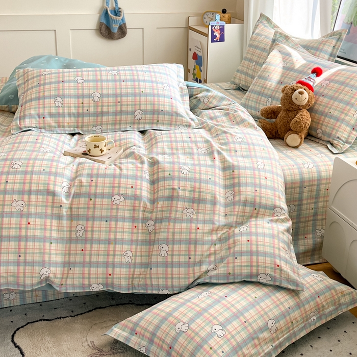 91家纺网 家纺一手货源 找家纺 2025新款全棉印花小清新单品系列-四件套（提供买家秀）彩虹格小狗