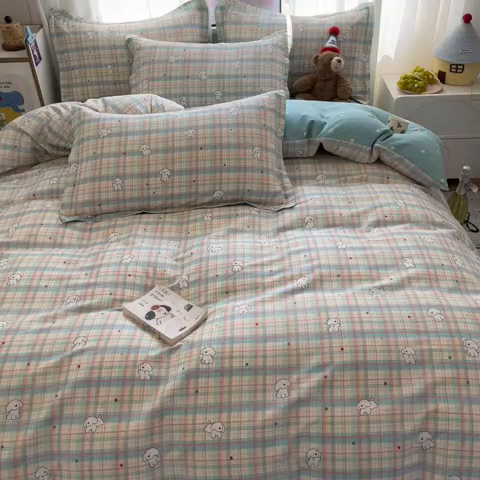 91家纺网 家纺一手货源 找家纺 2025新款全棉印花小清新单品系列-四件套（提供买家秀）彩虹格小狗