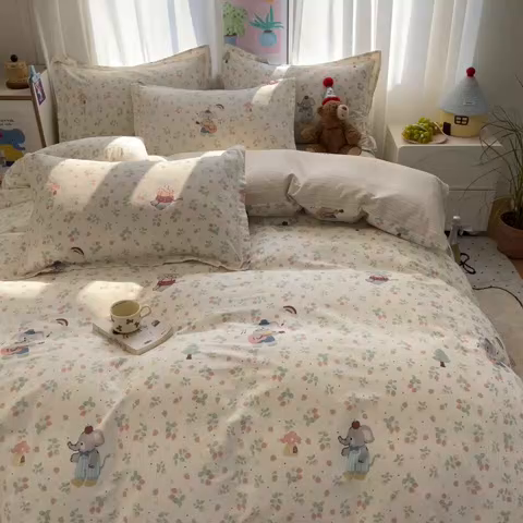 91家纺网 家纺一手货源 找家纺 2025新款全棉印花小清新单品系列-四件套（提供买家秀）弹唱小象