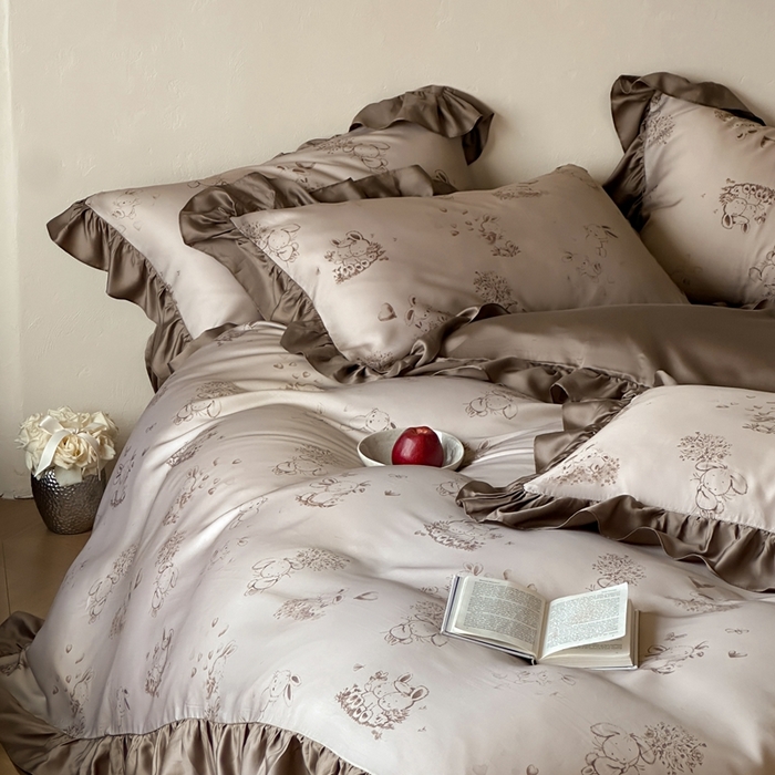 91家纺网 家纺一手货源 找家纺 （总）佳汐蓝家纺 2025 春夏新品60支兰精天丝数码印花荷叶边四件套-萌萌兔