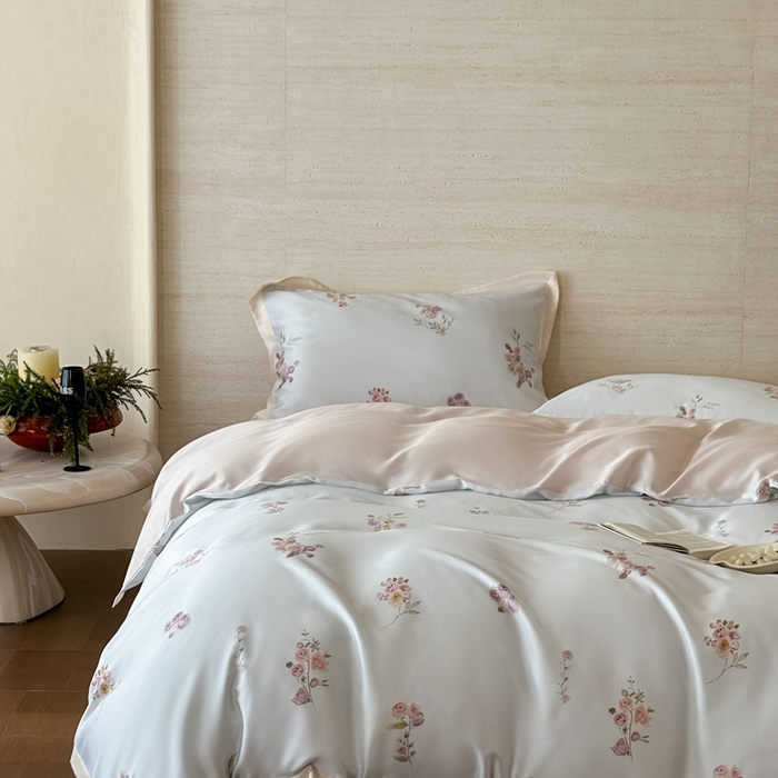 91家纺网 家纺一手货源 找家纺 （总）佳汐蓝家纺 2025 春夏新品60支兰精天丝数码印花四件套-小苍兰花语