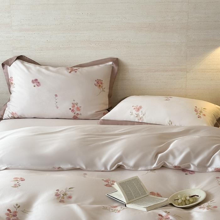 91家纺网 家纺一手货源 找家纺 佳汐蓝家纺 2025 春夏新品60支兰精天丝数码印花四件套-小苍兰花语 粉