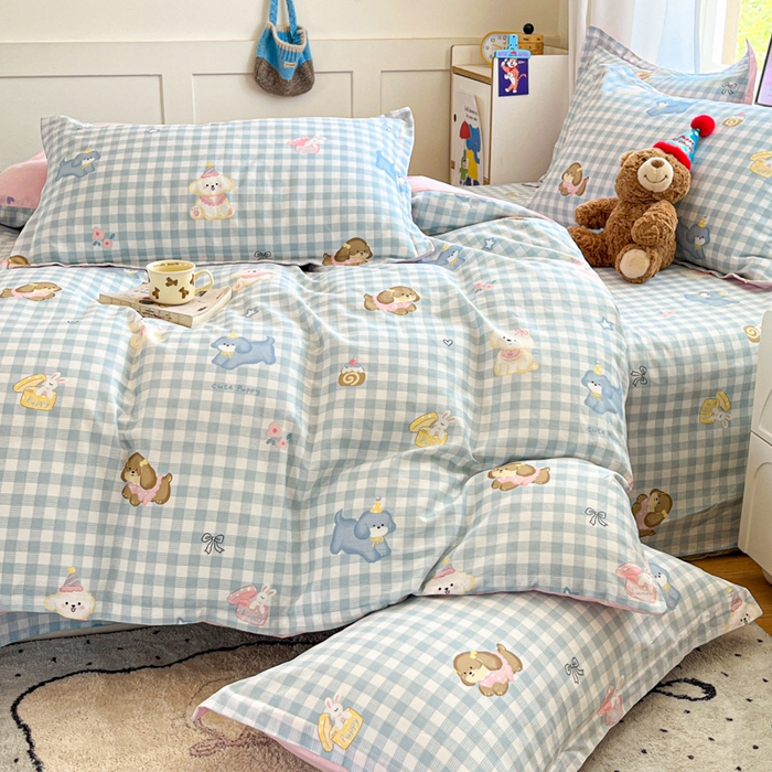 91家纺网 家纺一手货源 找家纺 2025新款全棉印花小清新单品系列-四件套（提供买家秀）星星发夹狗