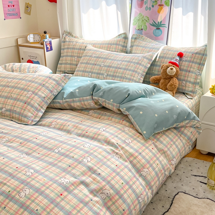 91家纺网 家纺一手货源 找家纺 2025新款全棉印花小清新单品系列-单被套(提供买家秀）彩虹格小狗