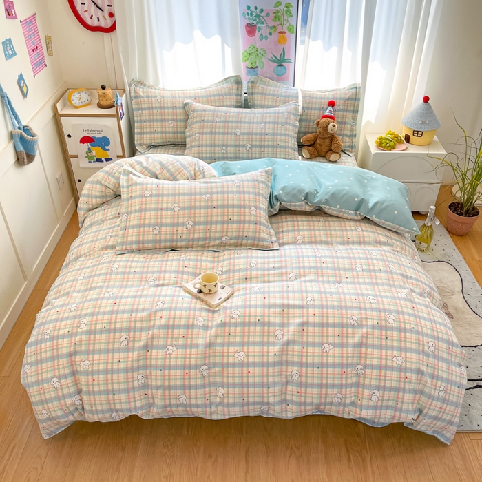 91家纺网 家纺一手货源 找家纺 2025新款全棉印花小清新单品系列-单被套(提供买家秀）彩虹格小狗