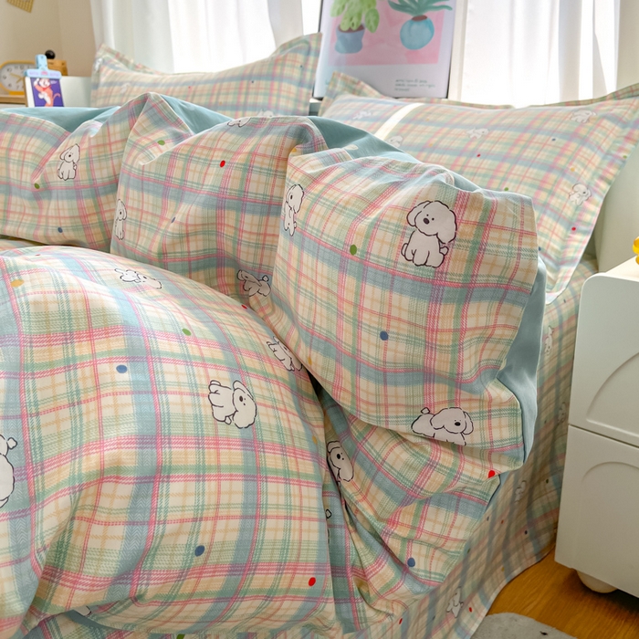 91家纺网 家纺一手货源 找家纺 2025新款全棉印花小清新单品系列-单被套(提供买家秀）彩虹格小狗