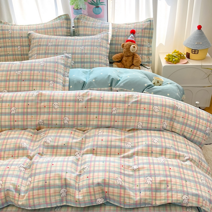 91家纺网 家纺一手货源 找家纺 2025新款全棉印花小清新单品系列-单被套(提供买家秀）彩虹格小狗