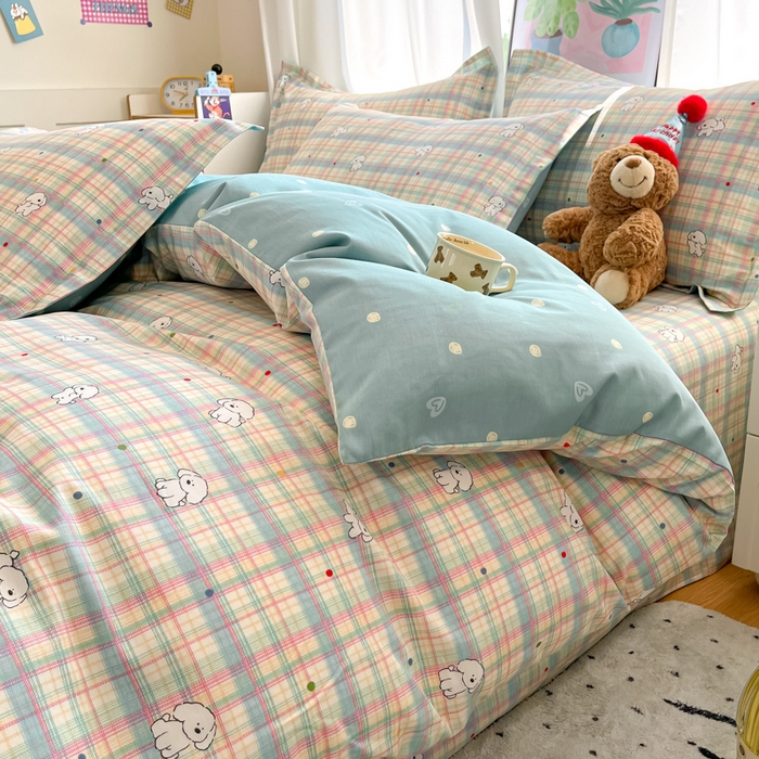 91家纺网 家纺一手货源 找家纺 2025新款全棉印花小清新单品系列-单被套(提供买家秀）彩虹格小狗